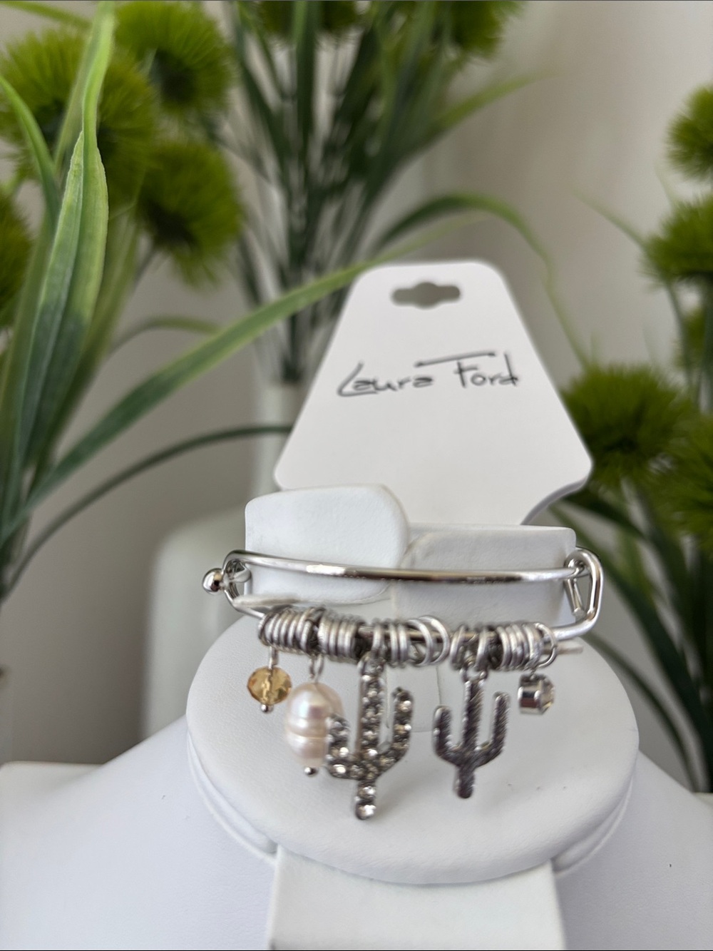 Laura Ford Cactus,pearl like charm,clear & topaz stones,hook & eye closure